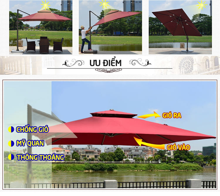 Hình ảnh Dù hòa phát lệch tâm vuông 3m hợp kim nhôm xoay 360 màu đỏ